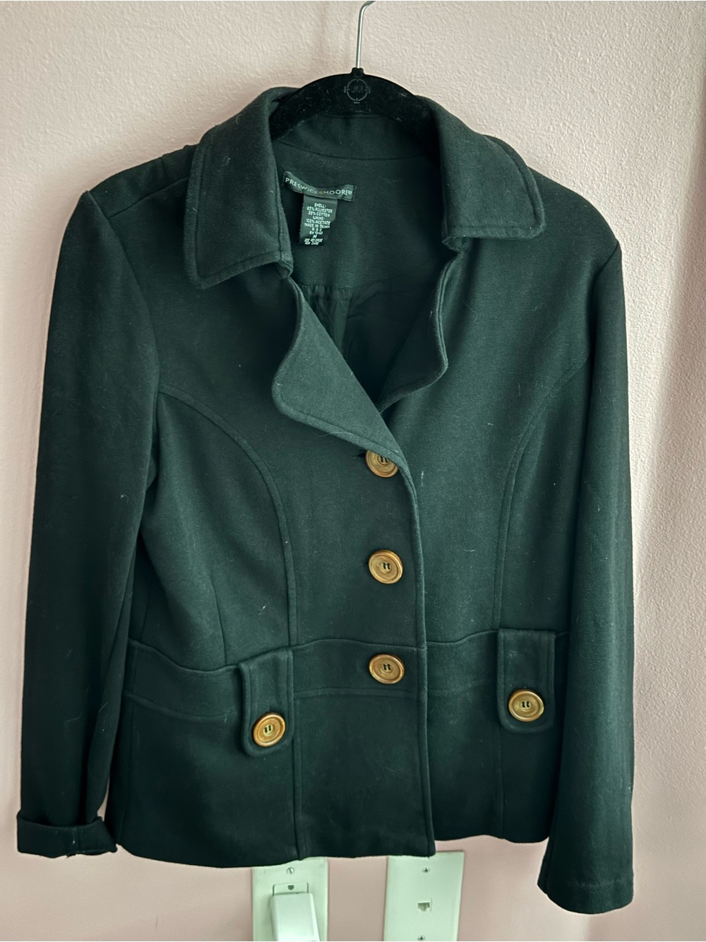 Preswick & Moore Dark Green Wool Pea Coat with Wood-Tone Buttons